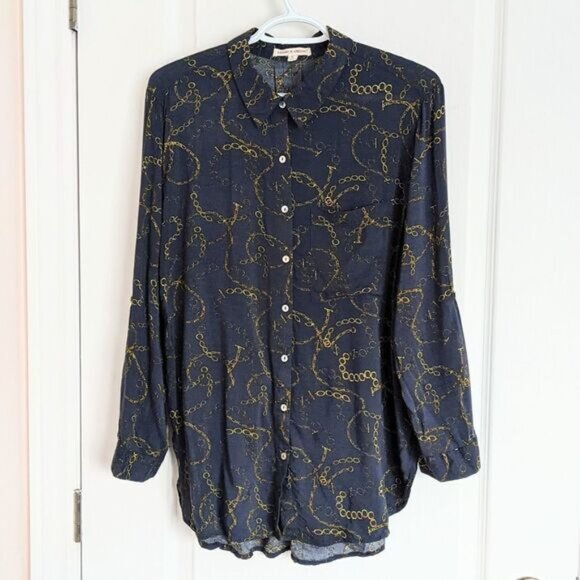 GRAND & GREENE chain print Navy blouse button down shirt adjustable sleeves L @P - Picture 2 of 14